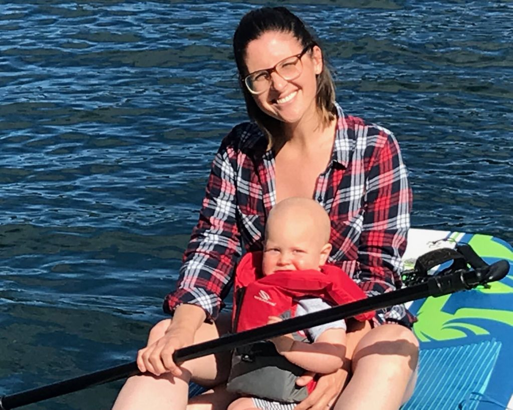 Donnelle Lang of dlandco chartered professional accountants enjoying a paddleboard with her son Hudson near Kamloops BC